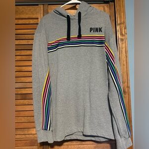 PINK Victoria's Secret Gray Hoodie with Multicolor Stripe Detail